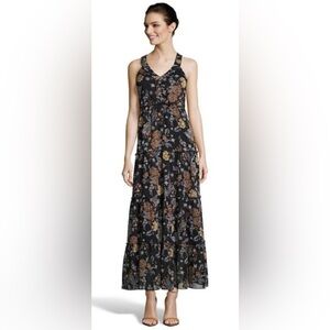GNW Black + Brown Floral & Birds Chiffon Tiered Midi Fall Dress Size Medium